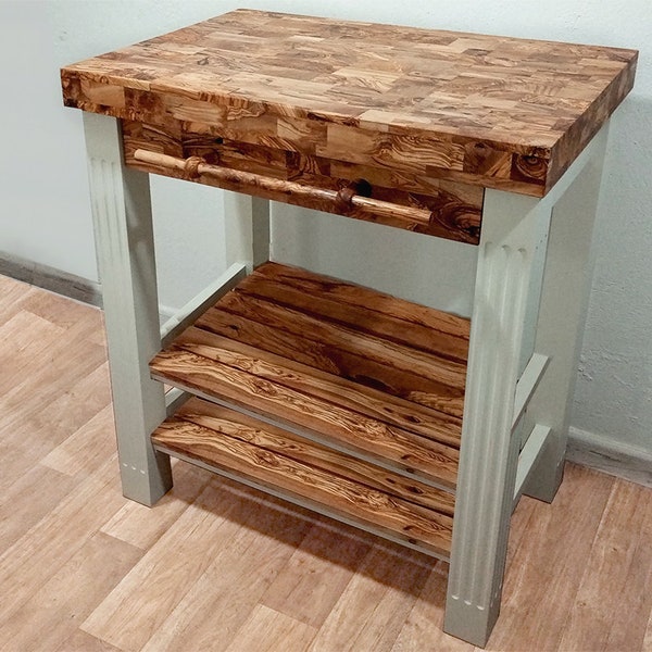 Olive Wood Scratch Resistant Solid Food Prep End Table Butcher Block / Kitchen Cart With Storage & Shelves