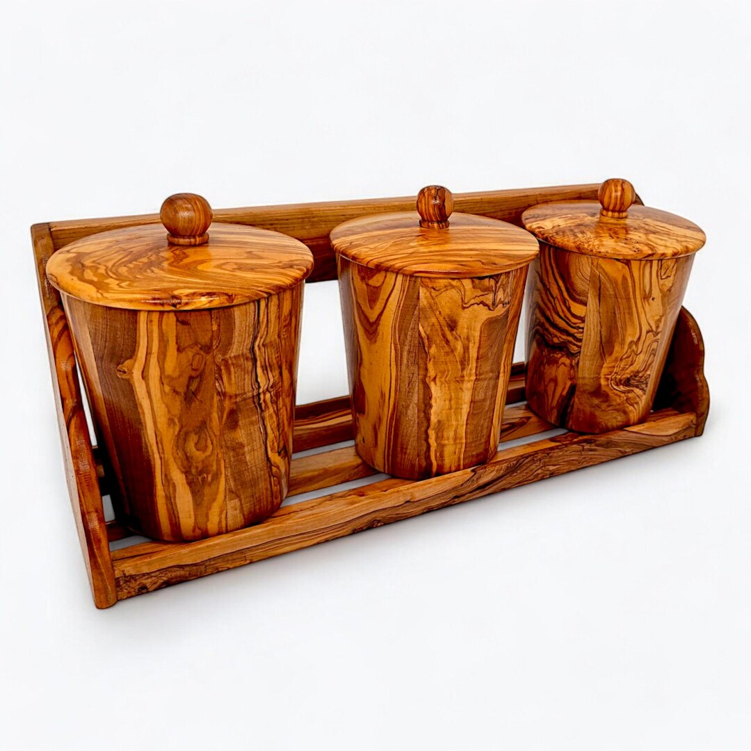Olive Wood Wooden Spice Rack With 3 Containers & Lids - Etsy