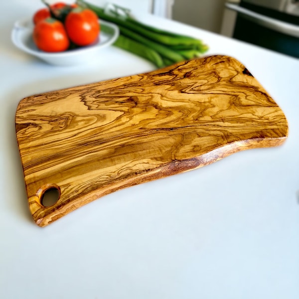 Olive Wood Handcrafted Irregular Shaped Charcuterie Wooden Cutting/Chopping Board with Hole | Unique Kitchen Gift Idea