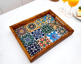 Rectangular Olive Wood Ceramic Tray with Handle