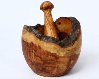 Olive Wood Natural Style Pestle & Mortar | Garlic, Herb, Seed Crusher | Unique Housewarming Kitchen Gift Idea | Various Sizes