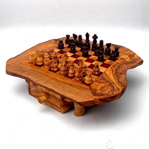 Personalised Olive Wood Wooden Handcrafted Chess Board Set W/ Pieces & Two Drawers - Perfect Unique Gift For Chess Lovers