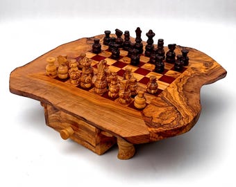 Personalised Olive Wood Wooden Handcrafted Chess Board Set W/ Pieces & Two Drawers - Perfect Unique Gift For Chess Lovers