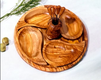 Olive Wood Handcrafted Wooden 4 Piece Appetizer Set Serving Tray/Platter W/ Skewers