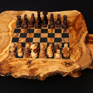 Olive Wood Wooden Handcrafted Chess Board Set W/ Pieces & Two Drawers - Perfect Unique Gift For Chess Lovers