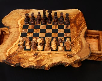 Olive Wood Wooden Handcrafted Chess Board Set W/ Pieces & Two Drawers - Perfect Unique Gift For Chess Lovers