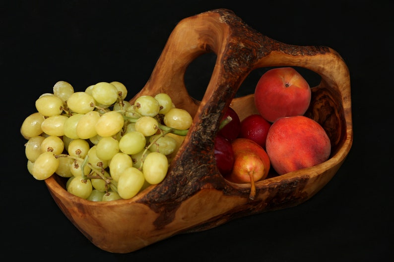 Olive Wood Wooden Decorative Fruit Basket/Bowl with Handle 30 cm