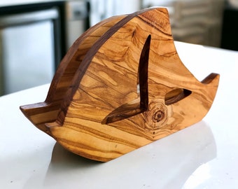 Olive Wood Boat Shaped Napkin Holder, natural, handmade, decor, gift