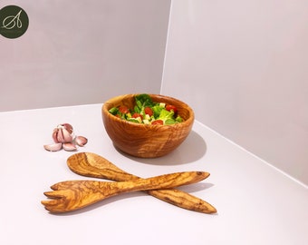 Set di insalatiera in legno d'ulivo e posate, set da cucina, posata per insalata, insalatiera, proveniente da fonti sostenibili, ecologico, fatto a mano, regalo