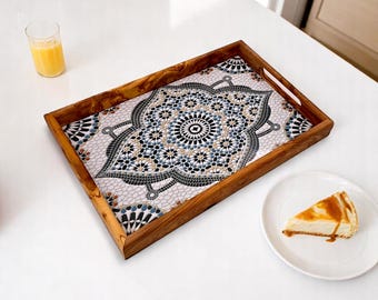 Olive Wood Serving Tray: Rectangular Ceramic Inlay, Easy-Grip Handles
