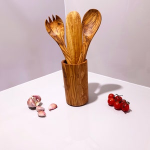 Set of 3 Olive Wood Kitchen Cooking & Serving Utensils Spork, Spoon, Spatula W/ Round Utensil Holder