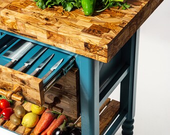 Solid Olive Wood Kitchen Cart | Butcher Block Prep Station With Drawer & Shelves | Rolling Kitchen Island