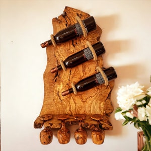 Olive Wood Wall Mounted Wooden Wine Bottle Holder Rack W/ Wooden Goblet Cups
