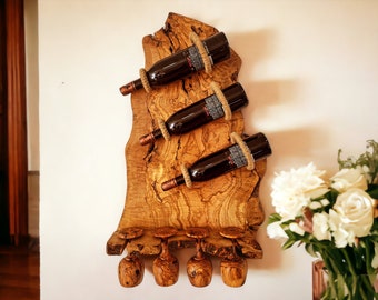 Olive Wood Wall Mounted Wooden Wine Bottle Holder Rack W/ Wooden Goblet Cups