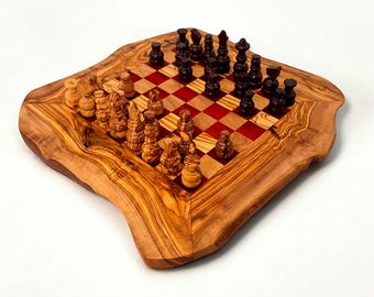 Personalised Olive Wood Handcrafted Rustic Shaped Wooden Chess Board Set With Pieces | Unique Gift Idea For Chess Lovers