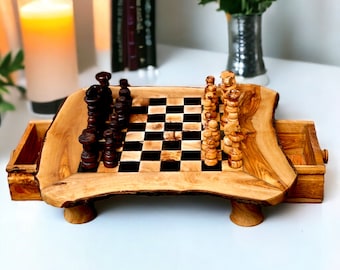 olive Wood Chess Board with Two Drawers 33* 33cm , gift, gift for him, birthday gift, chess lovers, chess set, chess set with chess pieces