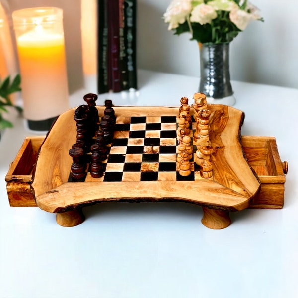 olive Wood Chess Board with Two Drawers 33* 33cm , gift, gift for him, birthday gift, chess lovers, chess set, chess set with chess pieces