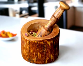 Olive Wood Rustic Mortar & Pestle 13 cm, pestle and mortar, handmade, wooden grinder, kitchenware, restaurant, chef,  gift