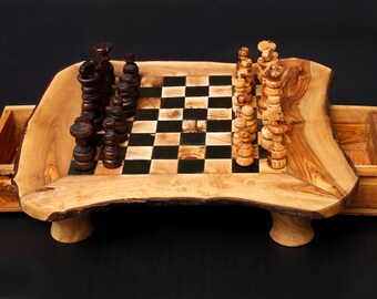 Olive Wood Chess Board with Two Drawers 37cm * 37cm , gift, gift for him, birthday gift, chess lovers; chess set with chess pieces