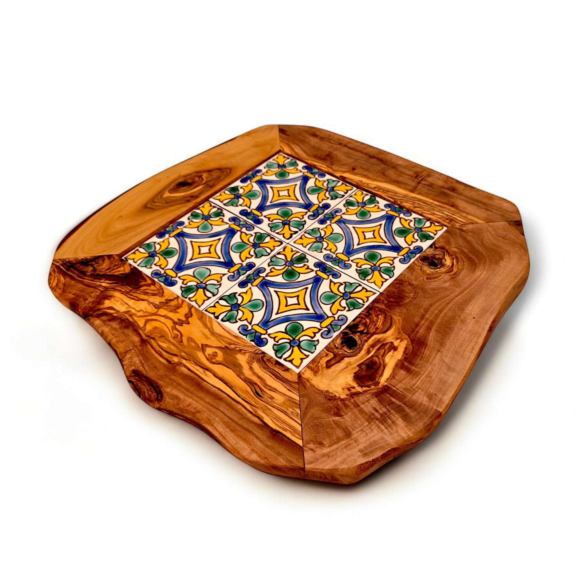 D.O.M. Plateau à Sauces En Bois D'Olivier Avec 4 Bols Porcelaine - Design Naturel - Gravure Possible