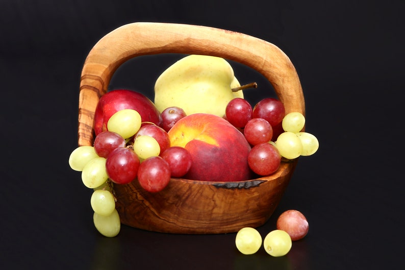 Olive Wood Wooden Decorative Fruit Basket/Bowl with Handle 15 cm