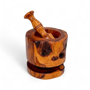 Olive Wood Rustic Mortar & Pestle with Support, pestle and mortar, gift for parents, gift, Christmas gift, wedding gift