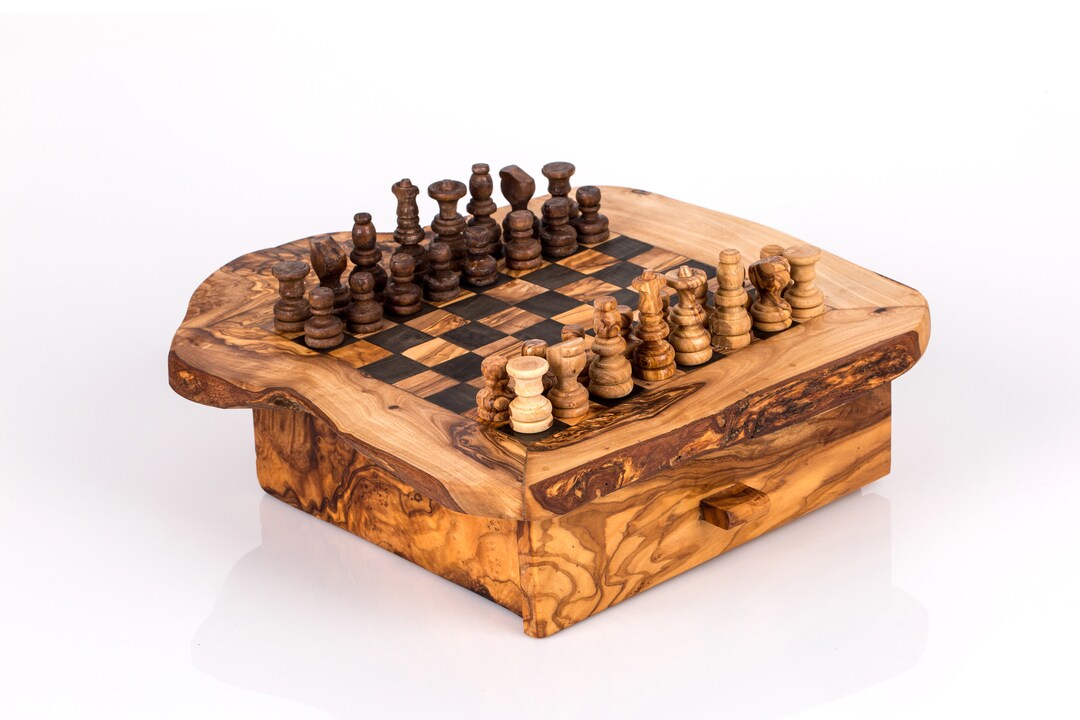 Olive Wood Chess Board With One Drawer 33 33 Cm, Gift, Gift for Him