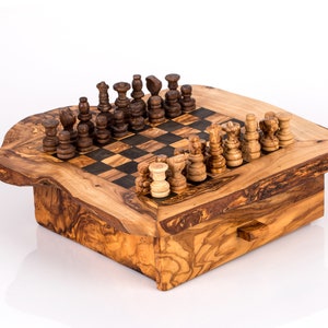 Personalised Olive Wood Chess Board with One Drawer 33 * 33 cm, gift, gift for him, birthday gift, chess lovers, chess set with chess pieces