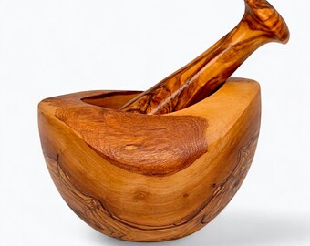 Olive Wood Natural Style Pestle & Mortar | Garlic, Herb, Seed Crusher | Unique Housewarming Kitchen Gift Idea | Various Sizes