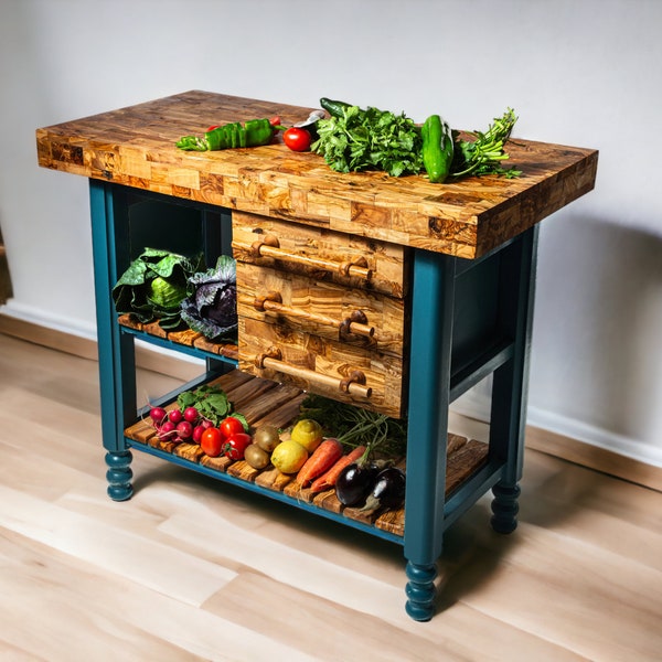 Olive Wood Table Butcher Block, Kitchen Butcher Block, small Kitchen island, Kitchen Cart with 3 drawers