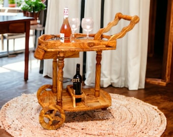 Olive Wood Display Cart, Wooden wine cart, Beautiful bar cart, artisanal cart, handmade, home decor, gift