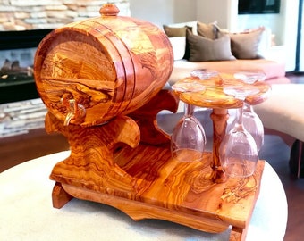 Olive Wood Wine Barrel W/ Stand | Built-in Wine Glass Holder | Dining Table Centre Piece | Dinner Party Decor | Unique Housewarming Gift