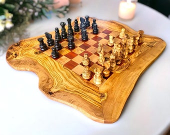 Olive Wood Handcrafted Rustic Shaped Wooden Chess Board Set With Pieces | Unique Gift Idea For Chess Lovers