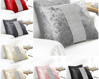 Crushed Velvet Cushions Luxury Diamante Small Large Bedroom Sofa Filled Cushion 