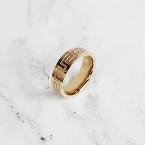 Greek Key Meander Stainless Steel Ring | Ancient Greece and Roman Symbol | Edgy and Unique Men&#39;s Jewellery | Modern Silver & Gold Jewelry