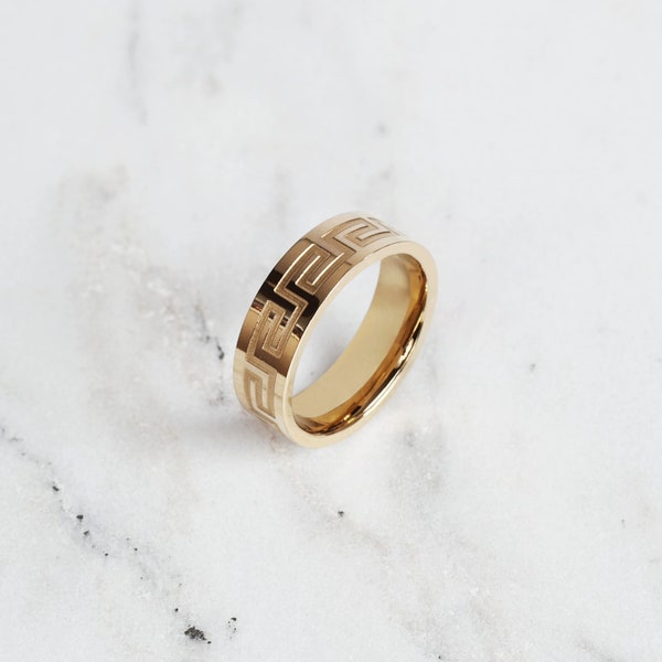 Greek Key Meander Stainless Steel Ring | Ancient Greece and Roman Symbol | Edgy and Unique Men's Jewellery | Modern Silver & Gold Jewelry