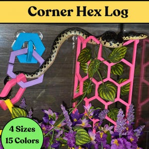 May include: A snake climbing on a pink hexagonal climbing structure and a chain of blue, purple, and yellow hexagonal links attached to a surface. The image includes text reading Corner Hex Log, 4 Sizes, and 15 Colors. Artificial green leaves and purple flowers are visible at the base.