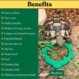 May include: A green, flower-shaped plastic dish for tortoises, labeled Medium, shown next to a list of benefits including easy to clean, non-toxic, durable, and versatile uses like a dig box, water bowl, pool, feeding dish, or calcium dish.