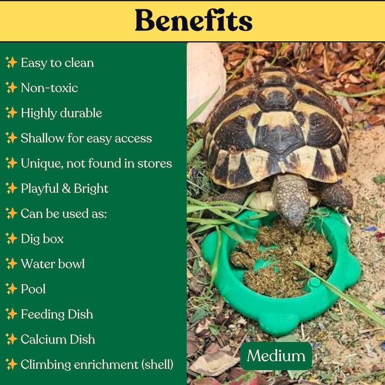 May include: A green, flower-shaped plastic dish for tortoises, labeled Medium, shown next to a list of benefits including easy to clean, non-toxic, durable, and versatile uses like a dig box, water bowl, pool, feeding dish, or calcium dish.