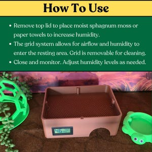 How to use the reptile humid hide graphic showing removable roof and moist substrate
