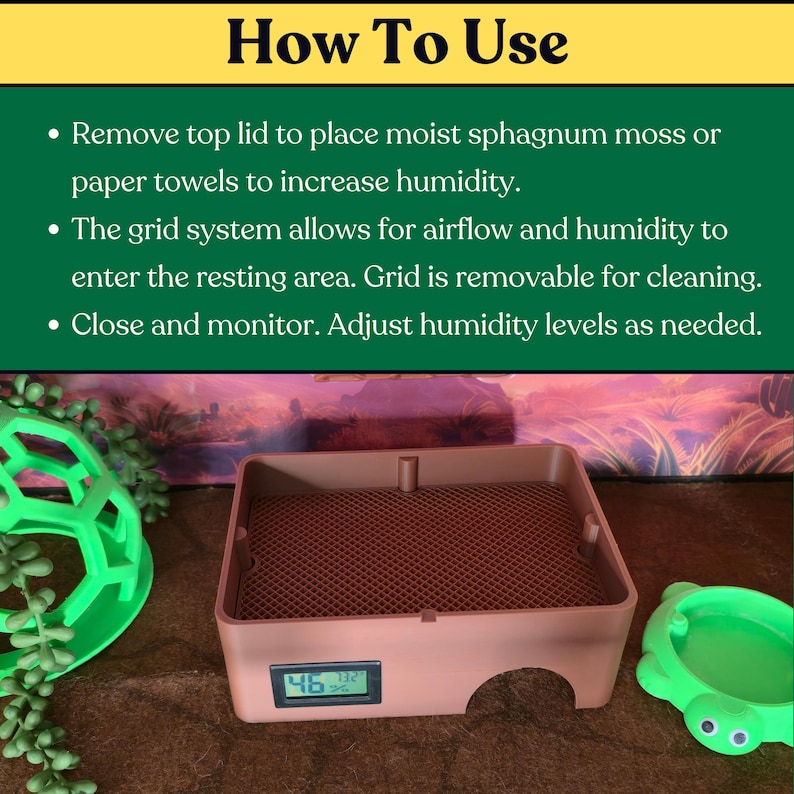 How to use the reptile humid hide graphic showing removable roof and moist substrate