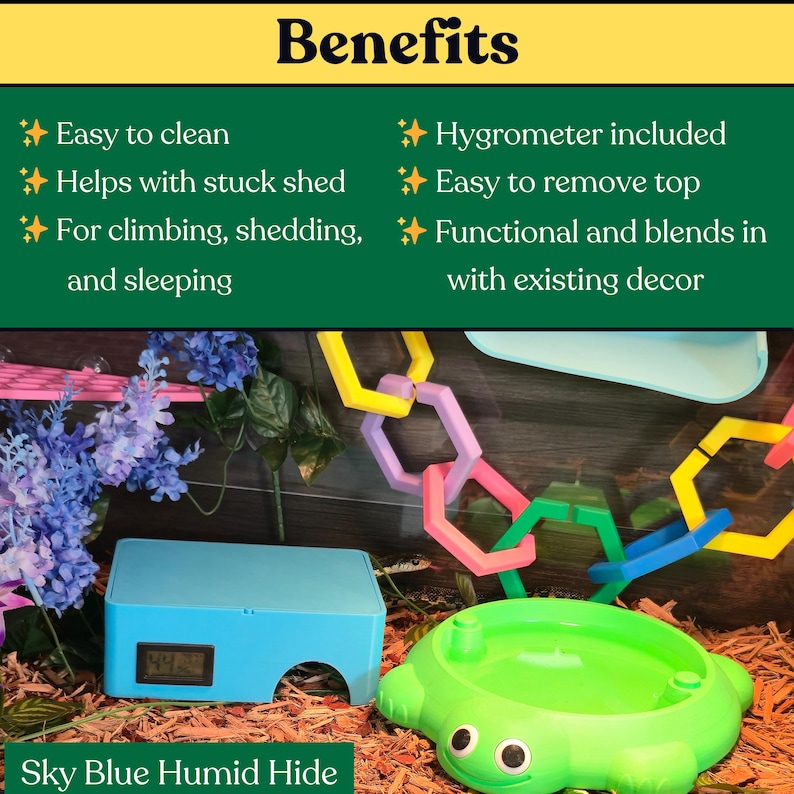 Snake and gecko humid hide benefits infographic with magenta and green shelters