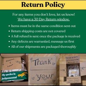 The XS Designs return policy graphic for strawberry reptile hides