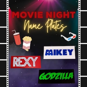 May include: Movie night name plates with a red, white, and blue popcorn bucket, a red soda cup with a straw, and 3D glasses. The name plates are red, white, and blue, black and green, and white with a blue eye and blue text.