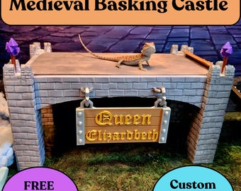 Reptile Basking Castle Platform: Custom Name Plate, Removable Tile & Torches