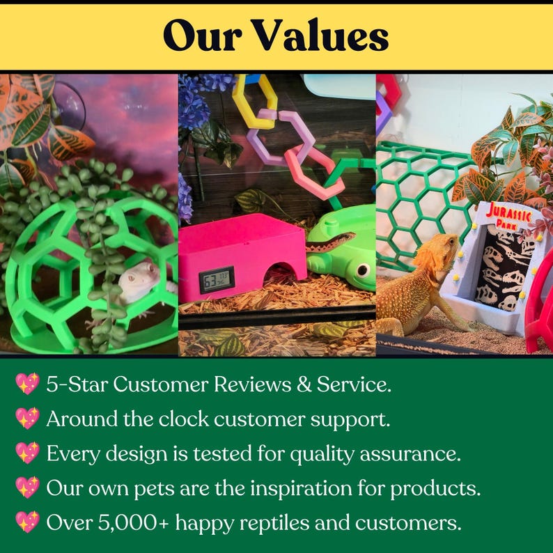 Our Values graphic showing colorful reptile products and a customer service message