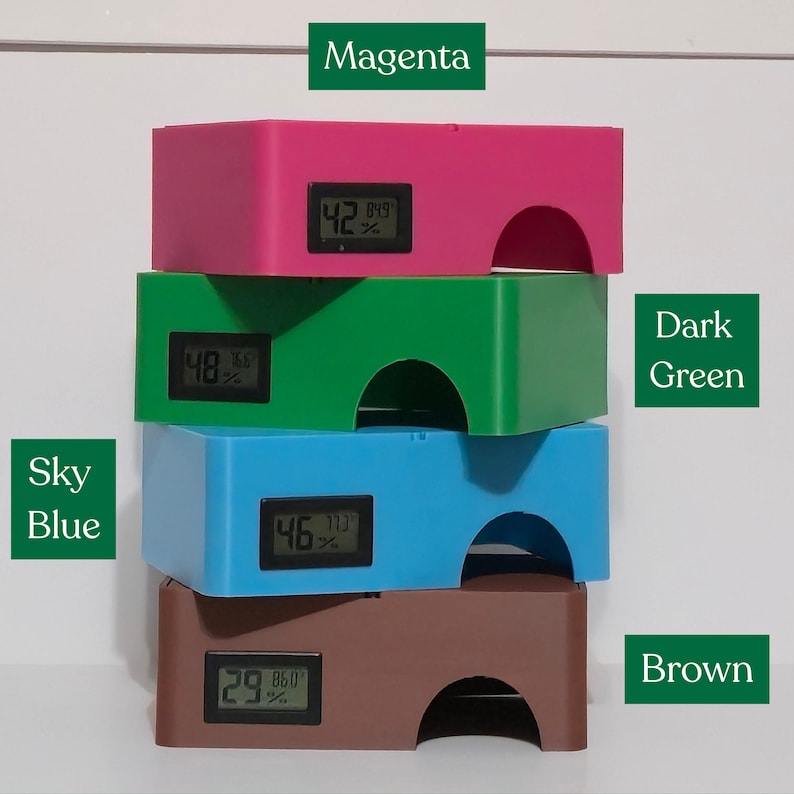 Stacked humid hide color examples labeled magenta, dark green, sky blue, and brown
