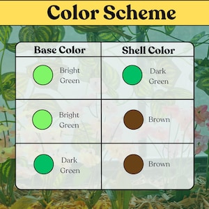 May include: A color scheme chart with the title Color Scheme, featuring two columns labeled Base Color and Shell Color. The table displays three rows of color combinations using bright green, dark green, and brown circles to represent options.