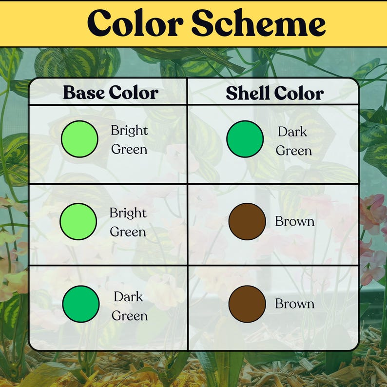 May include: A color scheme chart with the title Color Scheme, featuring two columns labeled Base Color and Shell Color. The table displays three rows of color combinations using bright green, dark green, and brown circles to represent options.