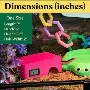 Reptile humid hide dimensions infographic showing one-size enclosure measurements